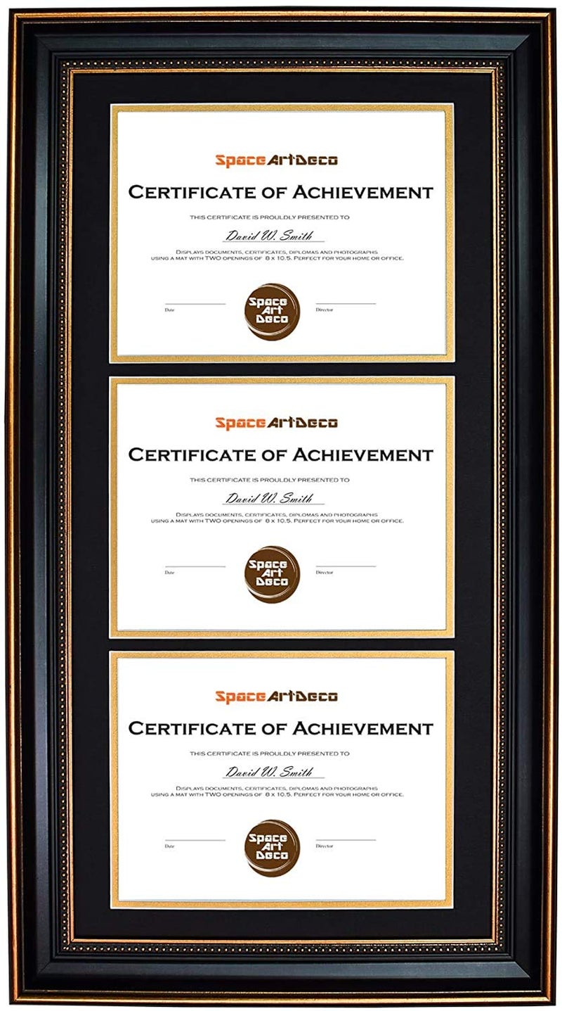 Space Art Deco, 14x29 Triple/Three Certificates Frame with Black Over Gold Double Mat for (3) 8.5x11 Diplomas/Degrees, Sawtooth Hangers Real Glass Wall Mounting (Ornate Gold/Black) - Image 1